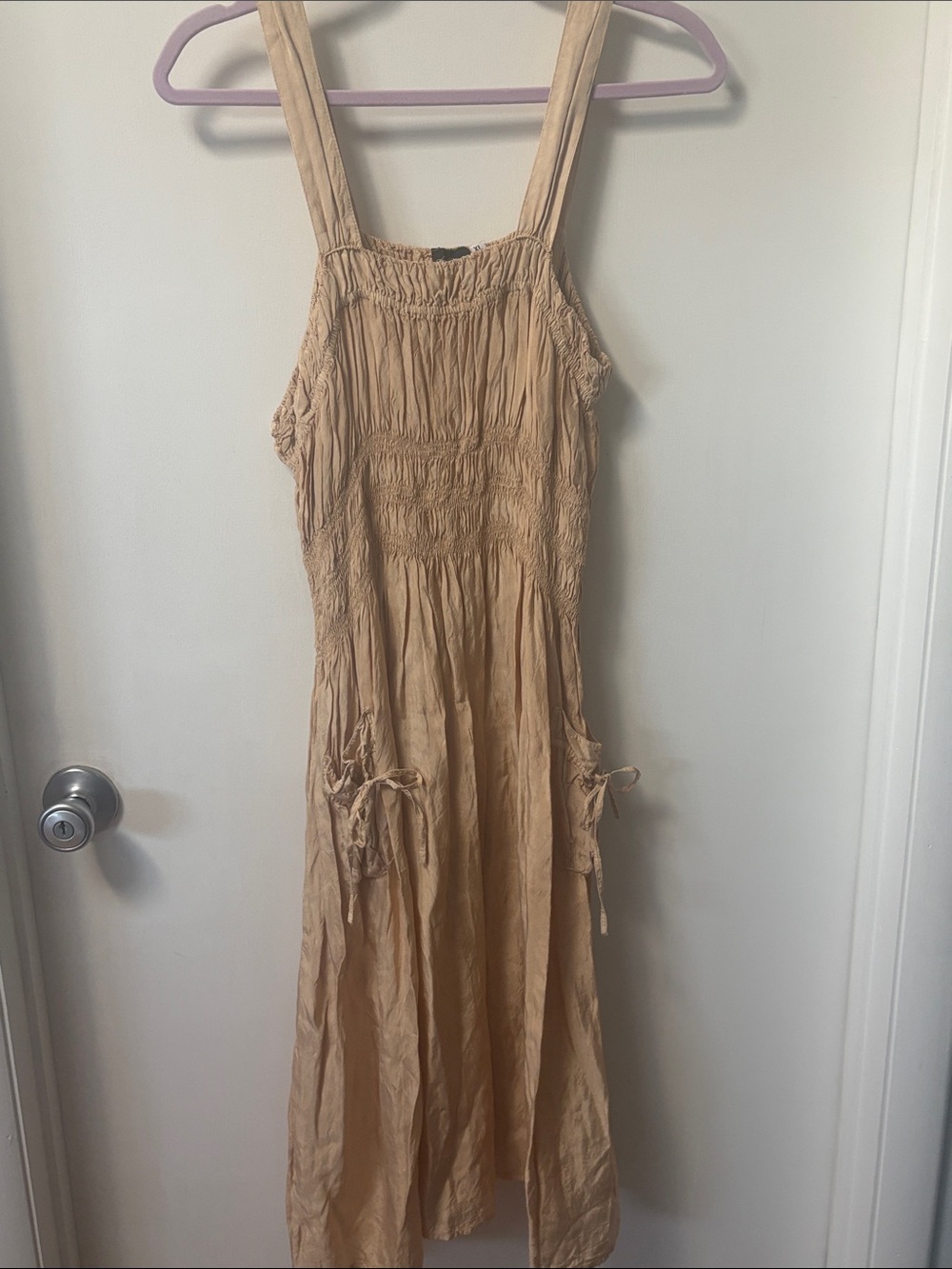 Women’s Beige Smocked Sundress with Tie Pockets